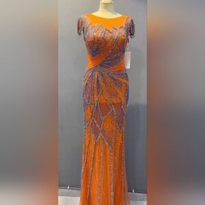 Vibrant Orange Beaded Maxi Dress